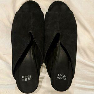 Eileen Fisher Katniss Peep Toe Block Heel Black Nubuck Slides Size 9 1/2